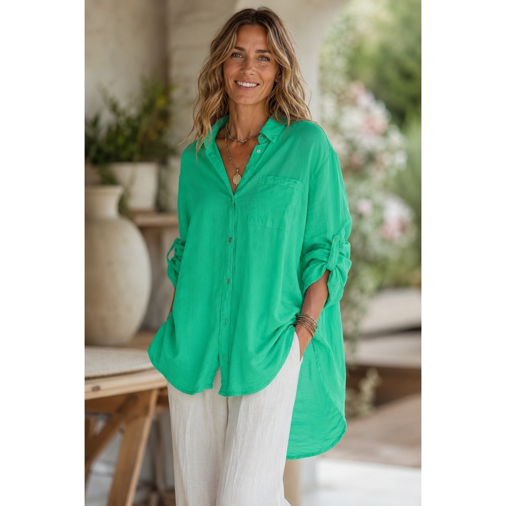 True Destinations Kelly Green Cotton Top Button Down Beach Capsule High Low M